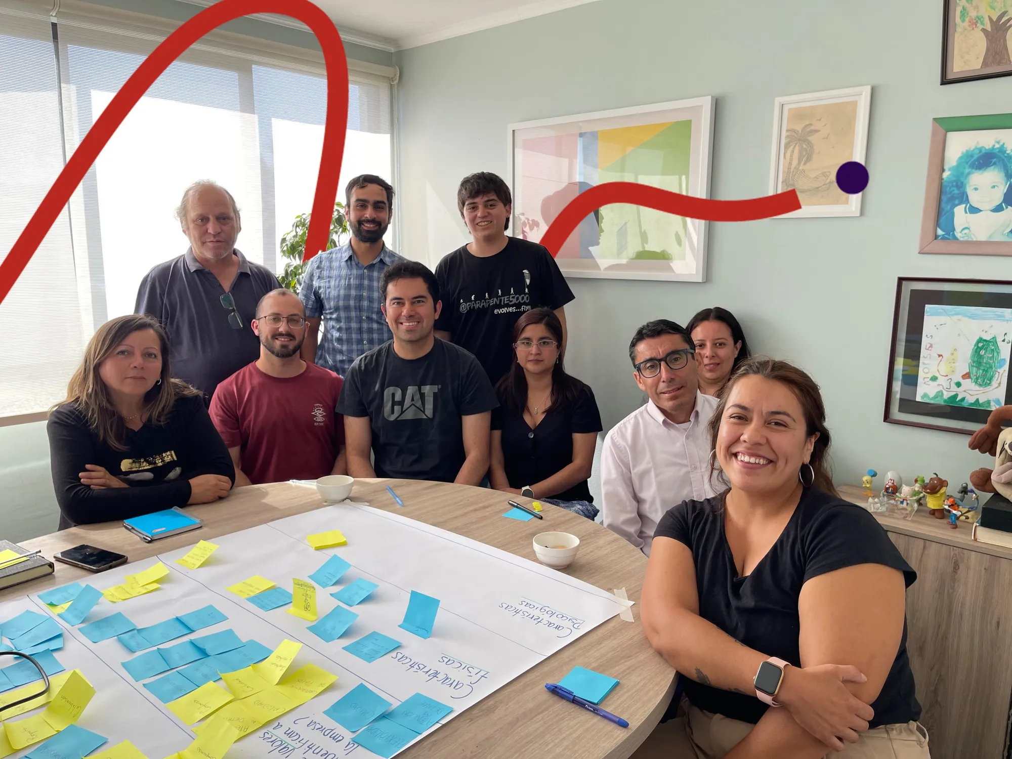 Equipo de EMOJ reunido alrededor de una mesa con notas adhesivas durante un focus group.